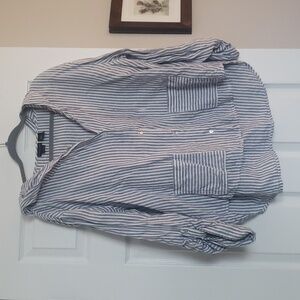 Tahari white and blue striped linen long sleeve blouse. XL.